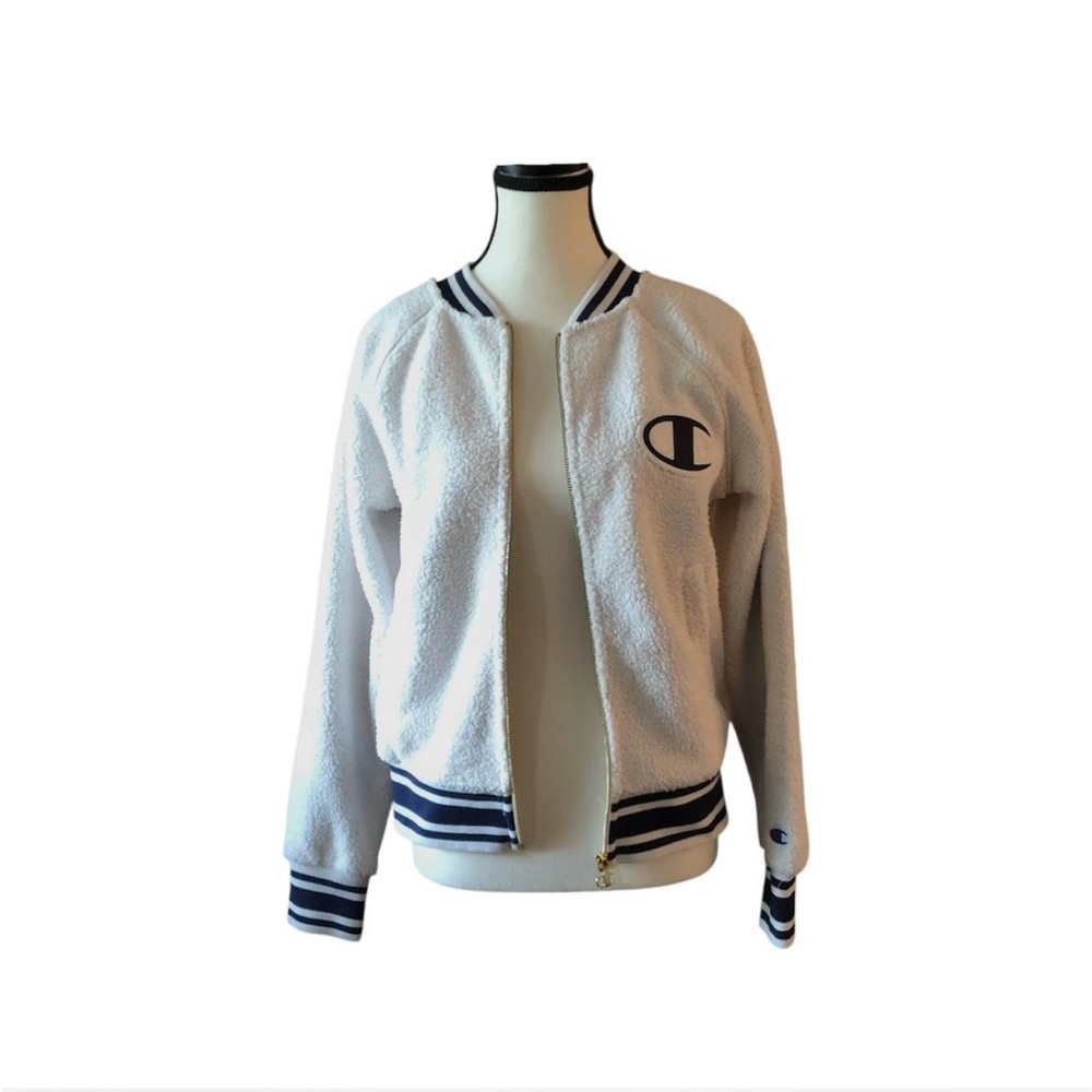 Fleece Champion White and and Navy Varsity Bomber